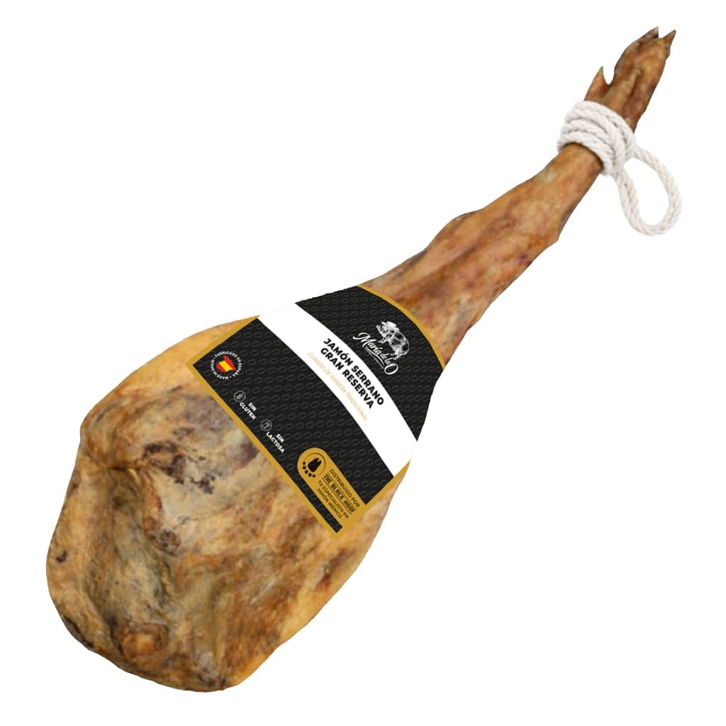 Jamon Serrano leg with a label on a white background
