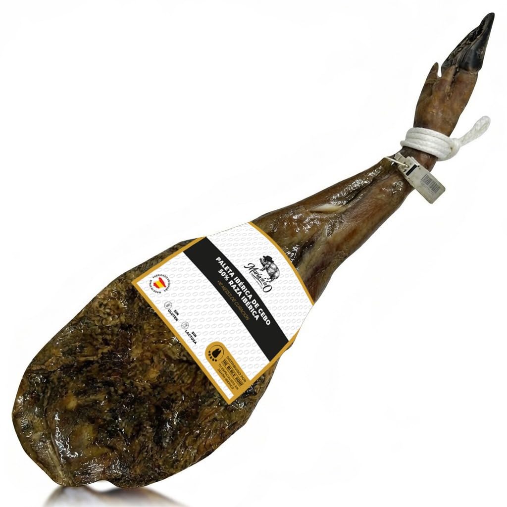Spanish Iberico ham with a label on a white background