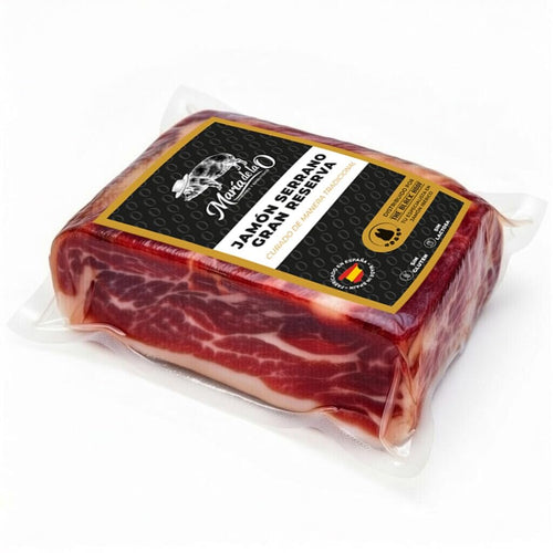 Packaged boneless serrano ham with a visible brand label on a white background