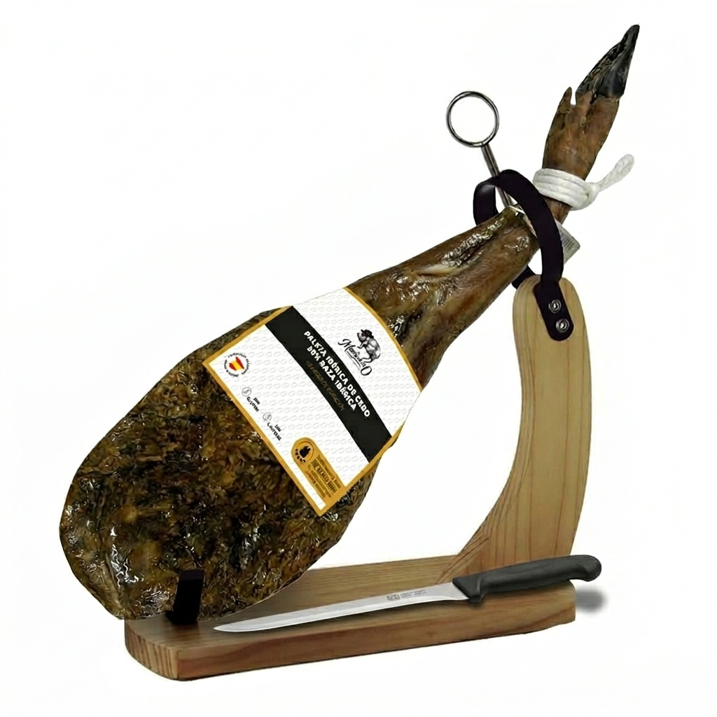 Spanish ham on a wooden stand with a knife, branded 'Jamon Ibérico de Cebo', on a white background